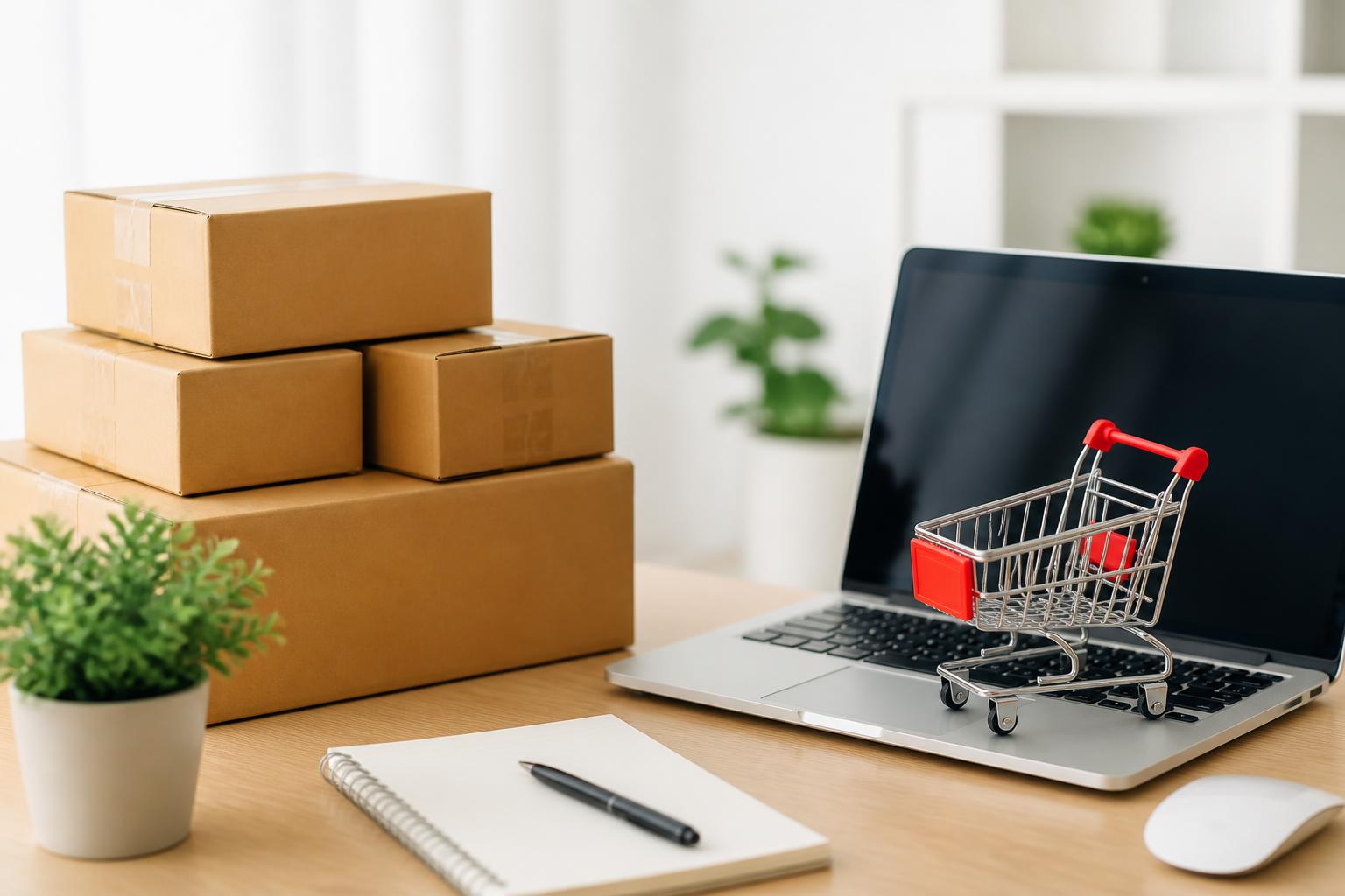 Cajas de envío, planta y laptop con carrito de compras sobre un escritorio